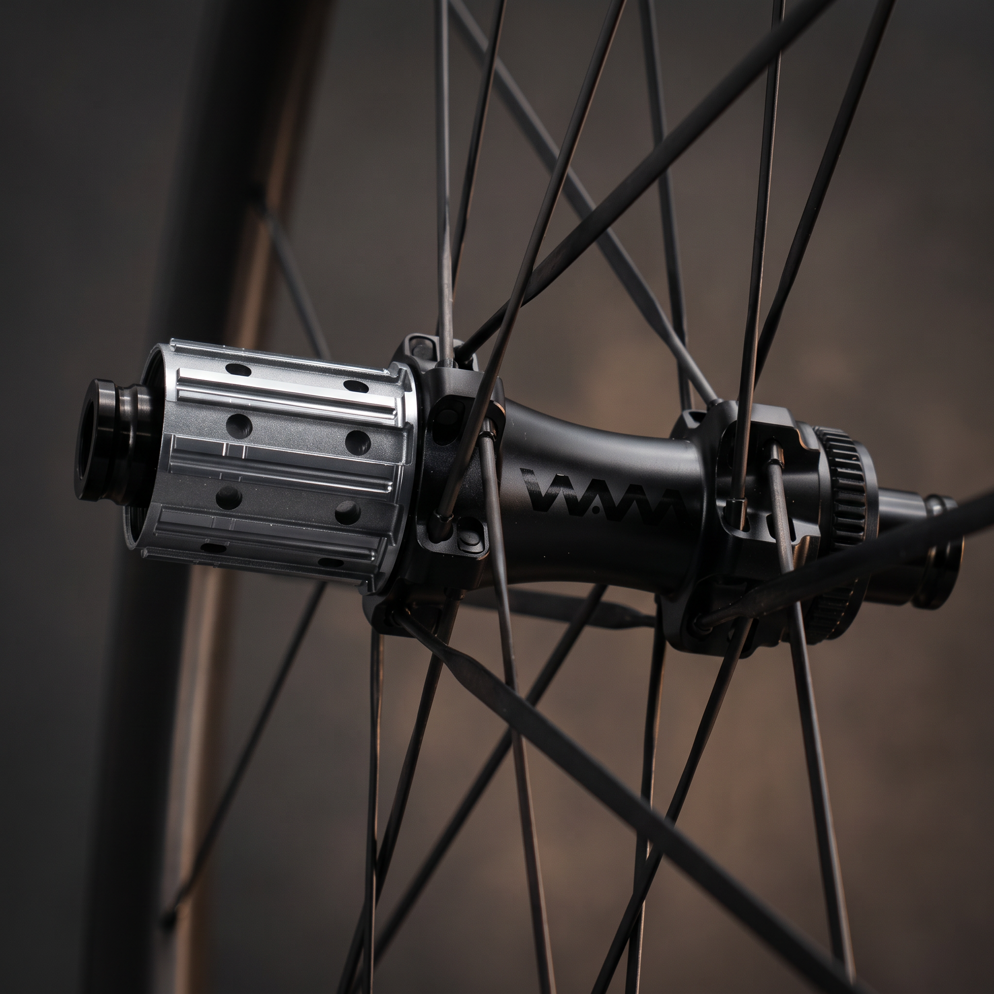 Black WAM hub and straight-pull bladed spoke lacing detail