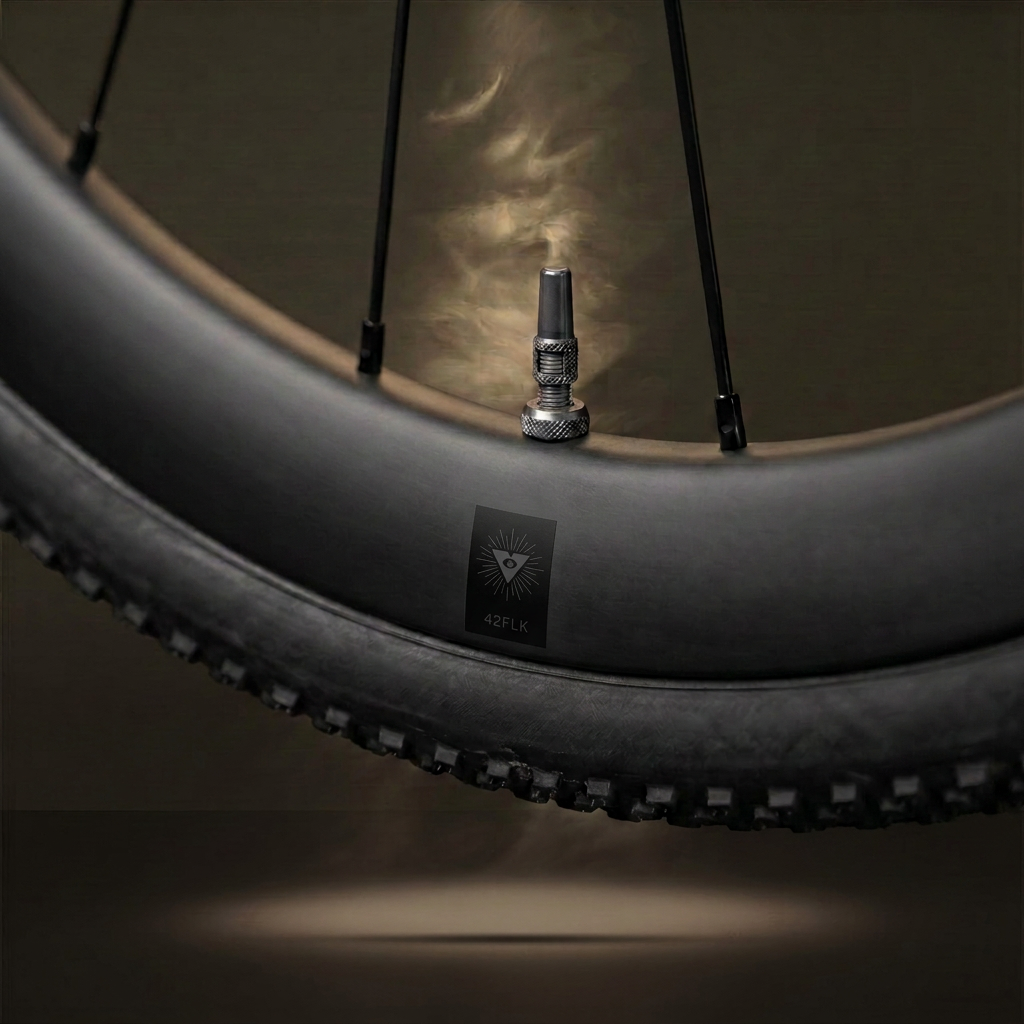 Matte 42 mm rim, grey metal valve and gravel tyre detail